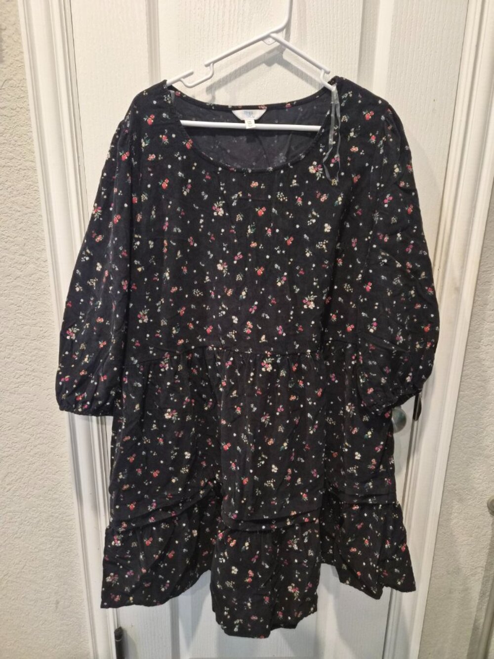 Time and Tru Black Ditsy Floral Corduroy Tiered Babydoll Dress Size XXL 20